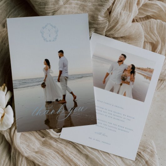 ヴィンテージライトブルーモノグラム結婚クレストの写真 サンキューカード