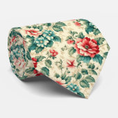 ヴィンテージライトブルー赤ビクトリアンフローラデザイン ネクタイ (ロール)