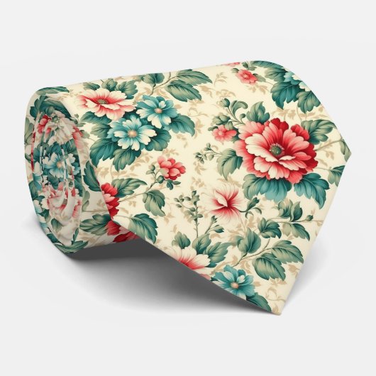 ヴィンテージライトブルー赤ビクトリアンフローラデザイン ネクタイ (ロール)