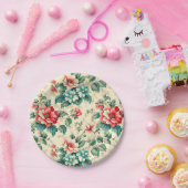 ヴィンテージライトブルー赤ビクトリアンフローラデザイン ペーパープレート (パーティー)