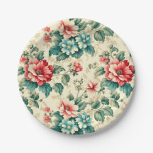 ヴィンテージライトブルー赤ビクトリアンフローラデザイン