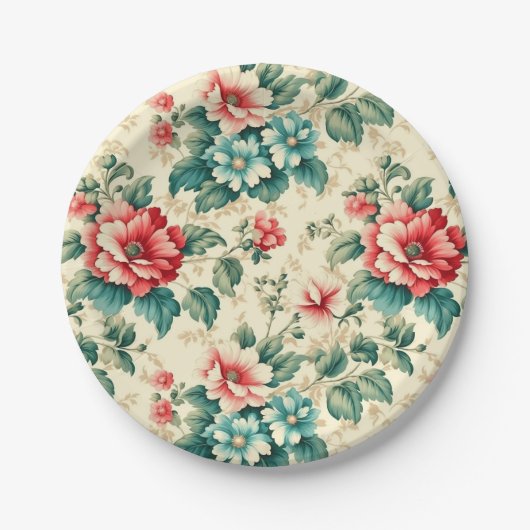 ヴィンテージライトブルー赤ビクトリアンフローラデザイン ペーパープレート (正面)
