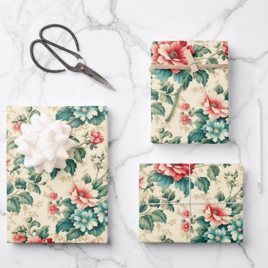 ヴィンテージライトブルー赤ビクトリアンフローラデザイン ラッピングペーパーシート (正面)