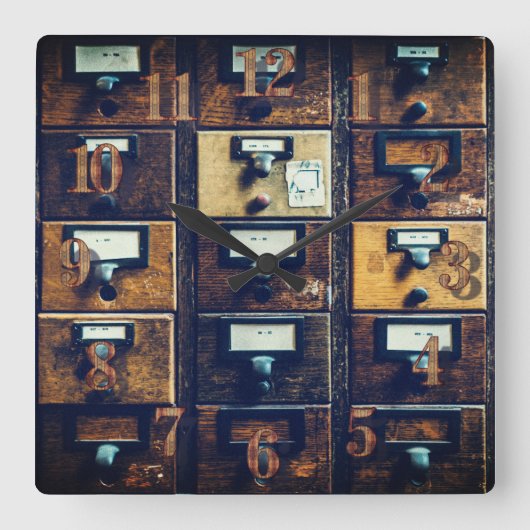 ヴィンテージライブラリカードカタログウッドキャビネット スクエア壁時計 (正面)