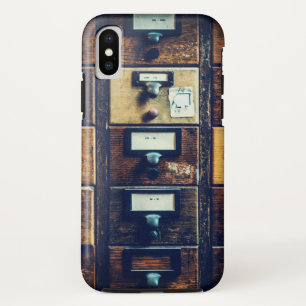 ヴィンテージライブラリカードカタログ木製キャビネットの引き出し iPhone XSケース
