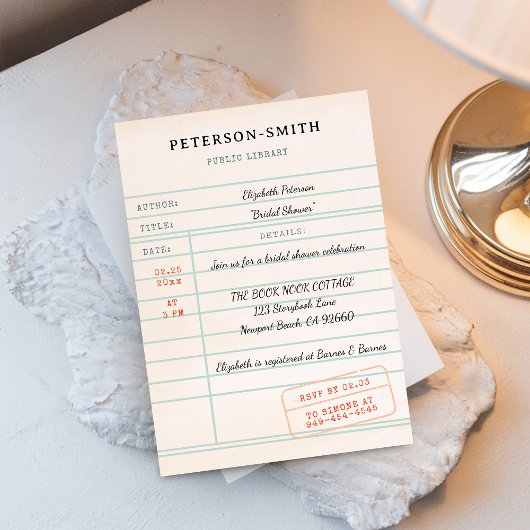 ヴィンテージライブラリカードブックラバーベージュ色ブライダルシャワー 招待状
