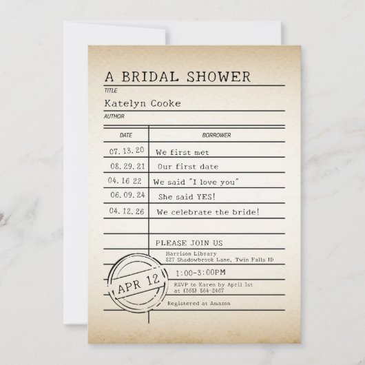 ヴィンテージライブラリカードブライダルシャワー招待 招待状 (正面)