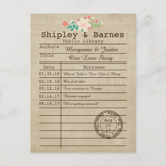 ヴィンテージライブラリカードワイルドフラワー日付の保存 案内ポストカード (正面)