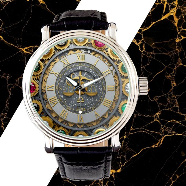 ヴィンテージライブラリ時計，星占い，〔占星術の〕十二宮図，宝石，金ゴールド 腕時計 (Libra Watch, Zodiac Sign / Astrology)