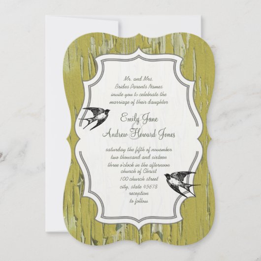ヴィンテージライムオールドウッドラブバード結婚式招待状 招待状 (正面)