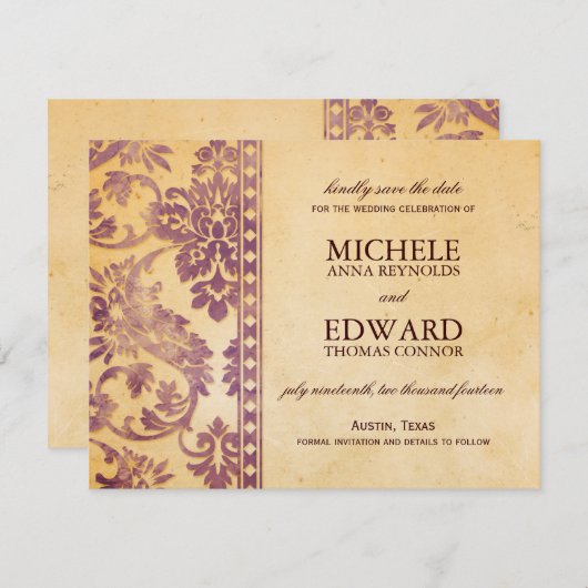 ヴィンテージライラックダマスクレース セーブ・ザ・デート 招待状 (正面/裏面)