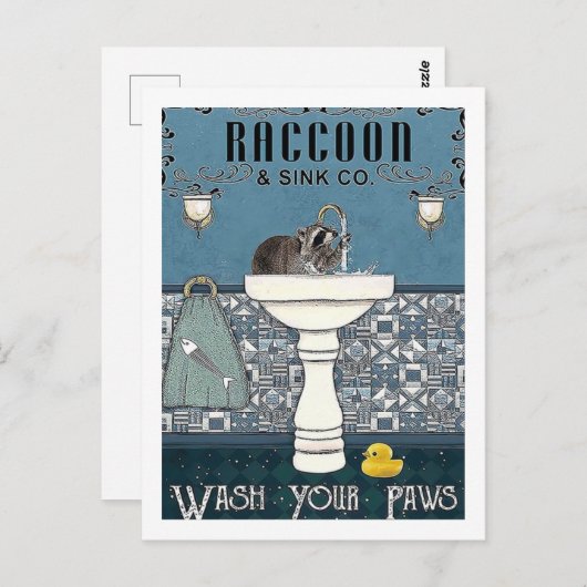 ヴィンテージラクーンが手を洗う ポストカード (正面/裏面)