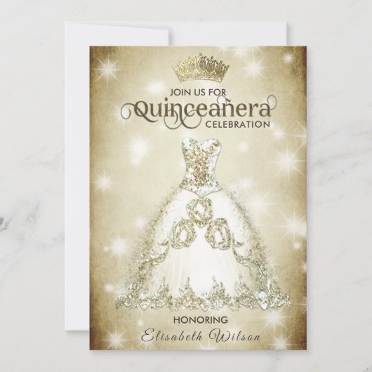 ヴィンテージラグジュアリーきらめくドレスティアラ・キンセアニラ 招待状 (正面)