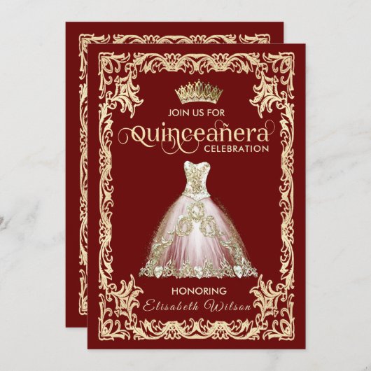 ヴィンテージラグジュアリーきらめくドレスティアラ・キンセアニラ 招待状 (正面/裏面)