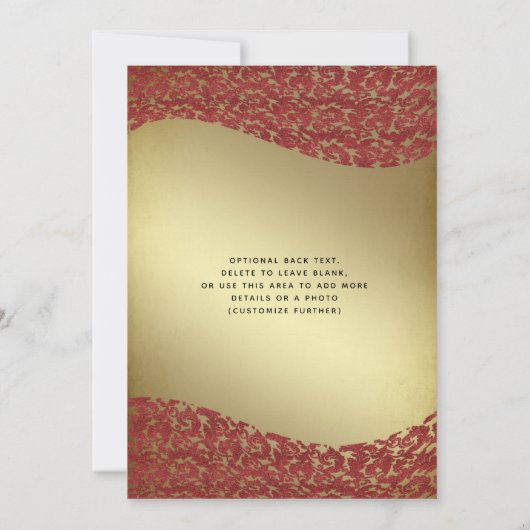 ヴィンテージラグジュアリーレッドダマスク金ゴールドティアラ・キンセアニラ 招待状 (裏面)