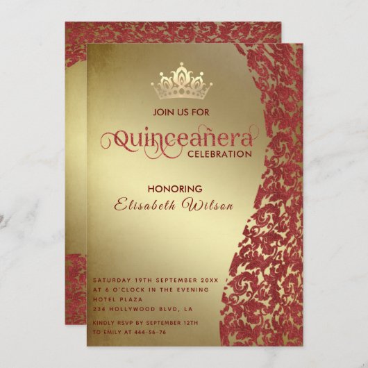 ヴィンテージラグジュアリーレッドダマスク金ゴールドティアラ・キンセアニラ 招待状 (正面/裏面)