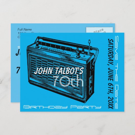 ヴィンテージラジオ70th誕生日パーティー日付を保存 案内ポストカード (正面/裏面)