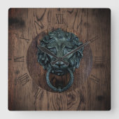 ヴィンテージラスウッドライオンドアノッカープリント スクエア壁時計 (正面)