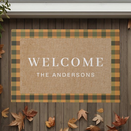 ヴィンテージラスティオレンジ秋プレイドファミリー名 ドアマット