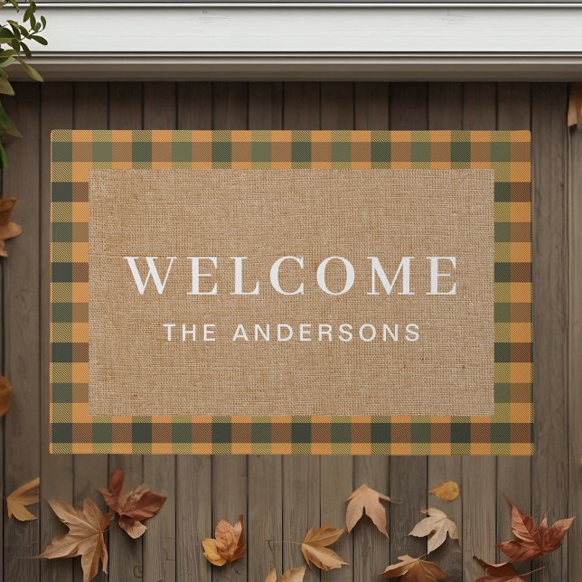 ヴィンテージラスティオレンジ秋プレイドファミリー名 ドアマット (クリエイターアップロード済み)