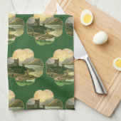 ヴィンテージラッキー金ゴールドシャームロックとアイルランドの城 キッチンタオル (四つ折り)