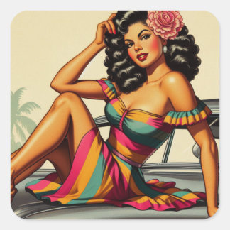 ヴィンテージラテンアメリカ系女性のピンアップイラストレーション スクエアシール