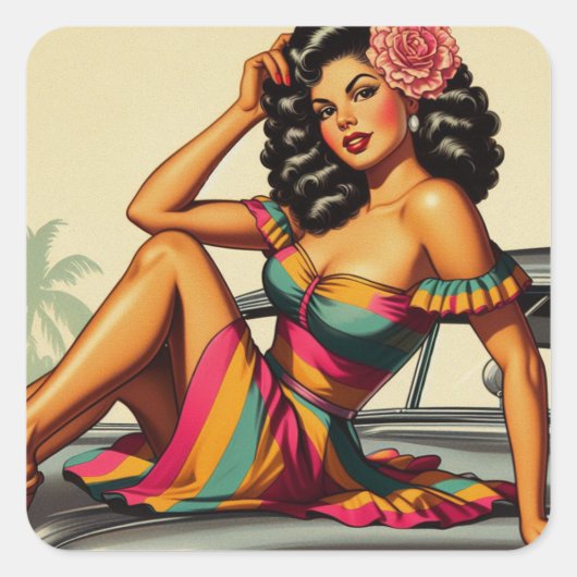 ヴィンテージラテンアメリカ系女性のピンアップイラストレーション スクエアシール (正面)