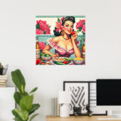 ヴィンテージラテンアメリカ系女性のピン絵を描アップ ポスター (ホームオフィス)