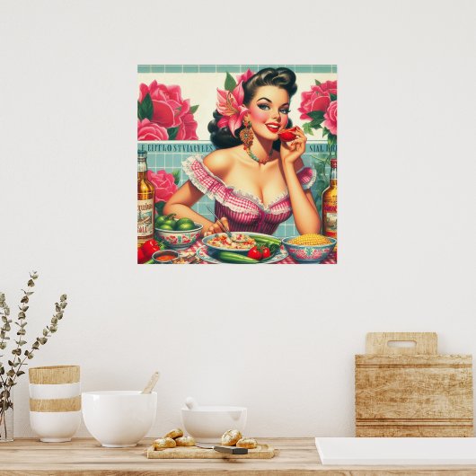 ヴィンテージラテンアメリカ系女性のピン絵を描アップ ポスター (キッチン)
