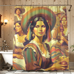 ヴィンテージラテンアメリカ系女性絵画女 シャワーカーテン