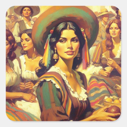 ヴィンテージラテンアメリカ系女性絵画女 スクエアシール (正面)