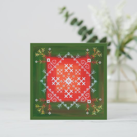 ヴィンテージラトビアのフォークアートとシンボル油絵 サンキューカード (スタンド正面)