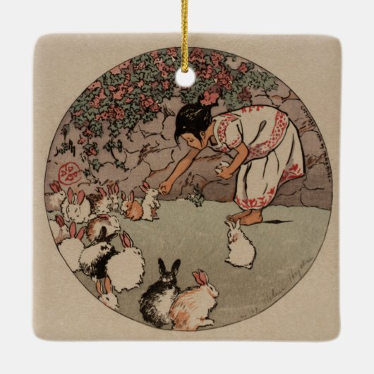 ヴィンテージラビットアートキュートコテージコア セラミックオーナメント (裏面)