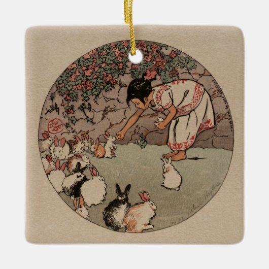 ヴィンテージラビットアートキュートコテージコア セラミックオーナメント (正面)