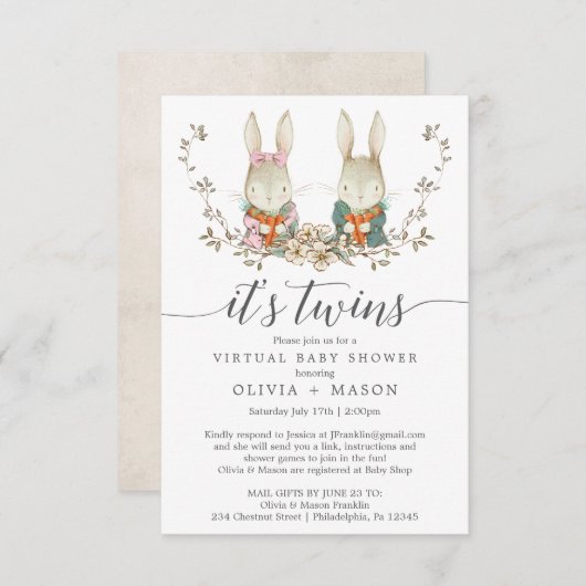 ヴィンテージラビットバーチャルベビーシャワー招待状ツイン 招待状 (正面/裏面)