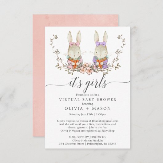 ヴィンテージラビットバーチャルベビーシャワー招待状ツイン 招待状 (正面/裏面)