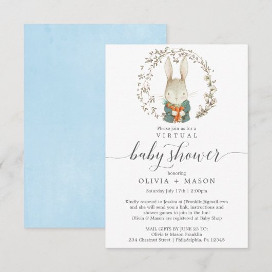 ヴィンテージラビットバーチャルベビーシャワー招待状ボーイ 招待状 (正面/裏面)