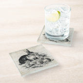 ヴィンテージラビットファミリーイラストレーションベビーバンニー ガラスコースター (アングル)