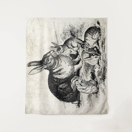 ヴィンテージラビットファミリーイラストレーションベビーバンニー タペストリー (正面)