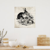 ヴィンテージラビットファミリーイラストレーションベビーバンニー ポスター (キッチン)