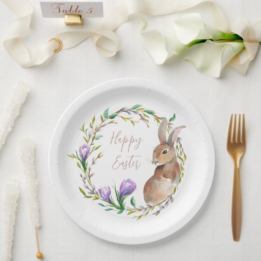 ヴィンテージラビットフローラリースフラワーイースターバニー ペーパープレート (ウェディング)