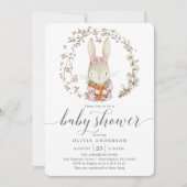 ヴィンテージラビットボタニカルピンクガールベビーシャワー 招待状 (正面)