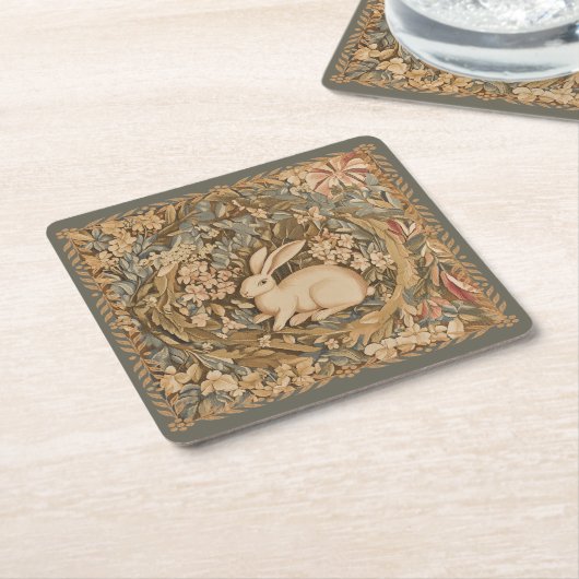 ヴィンテージラビット中世タペストリースタイル スクエアペーパーコースター (アングル)