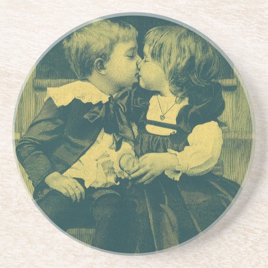 ヴィンテージラブアンドロマンス写真，子供のキス コースター (正面)