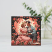 ヴィンテージラブカップルがピンクのハートを抱えるバレンタイン シーズンカード (スタンド正面)