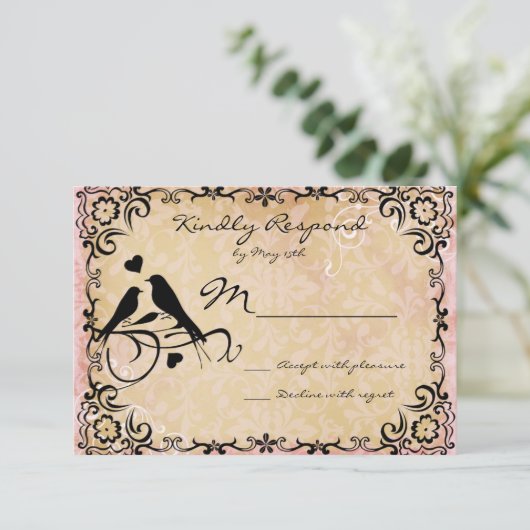ヴィンテージラブバードの巻き紙婚礼の出欠確認カード 出欠カード (スタンド正面)