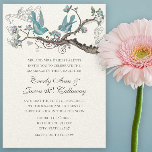 ヴィンテージラブバードアクアブルーとピンク結婚ズ 招待状