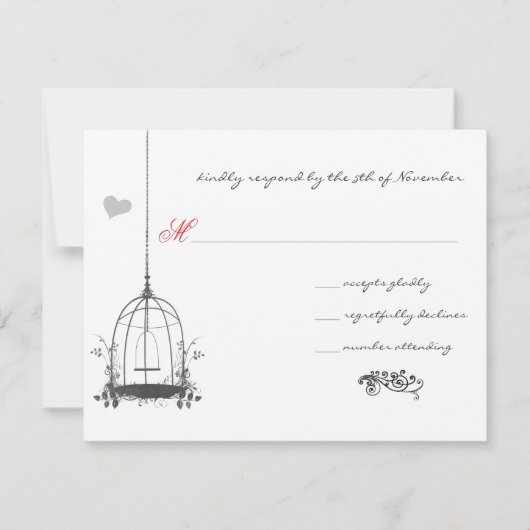 ヴィンテージラブバードカバードレッドアクセント結婚ズ 出欠カード (正面)