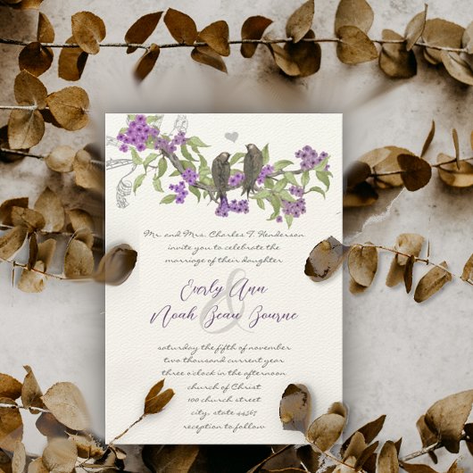ヴィンテージラブバードパープル開花結婚ズ 招待状