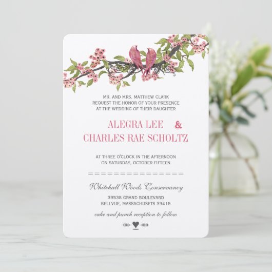 ヴィンテージラブバードピンクとグレーのさくらんぼの花 招待状 (スタンド正面)